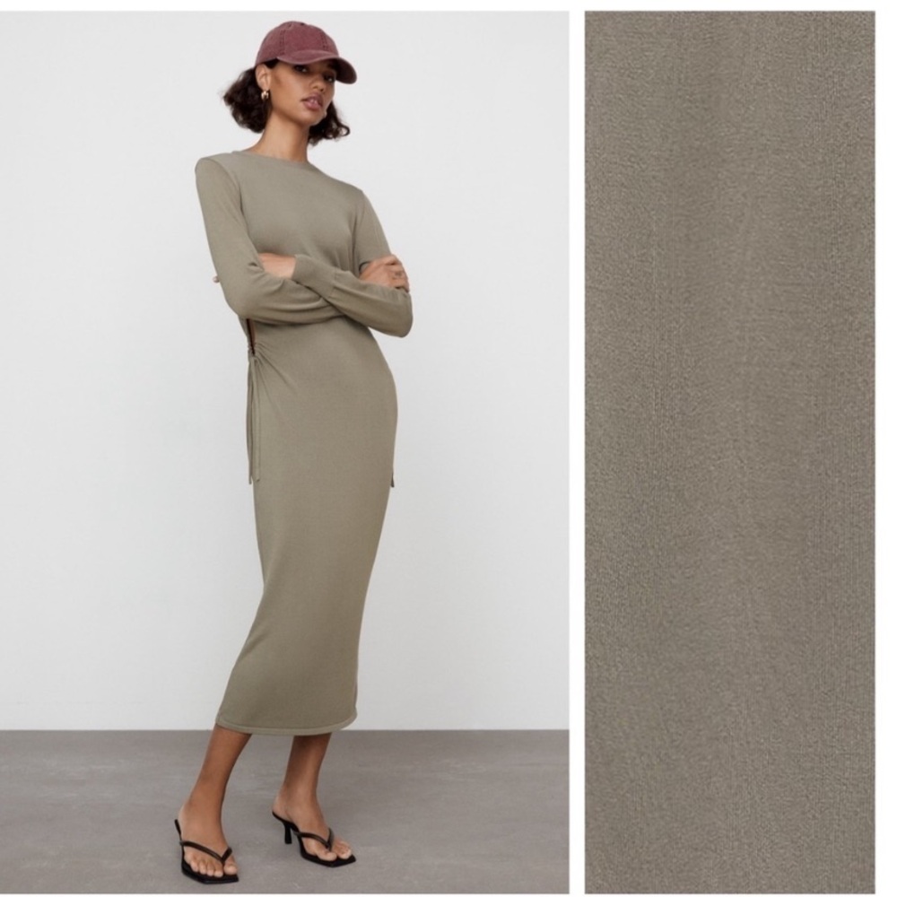Zara Olive Long Sleeve Midi Knit Dress